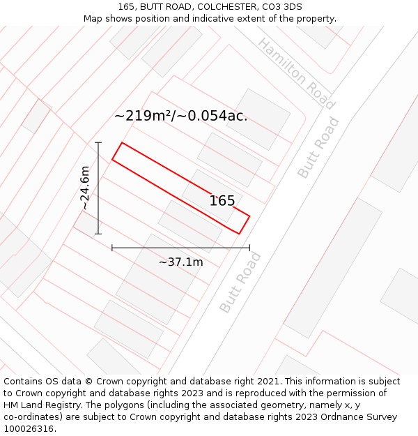 165, BUTT ROAD, COLCHESTER, CO3 3DS: Plot and title map