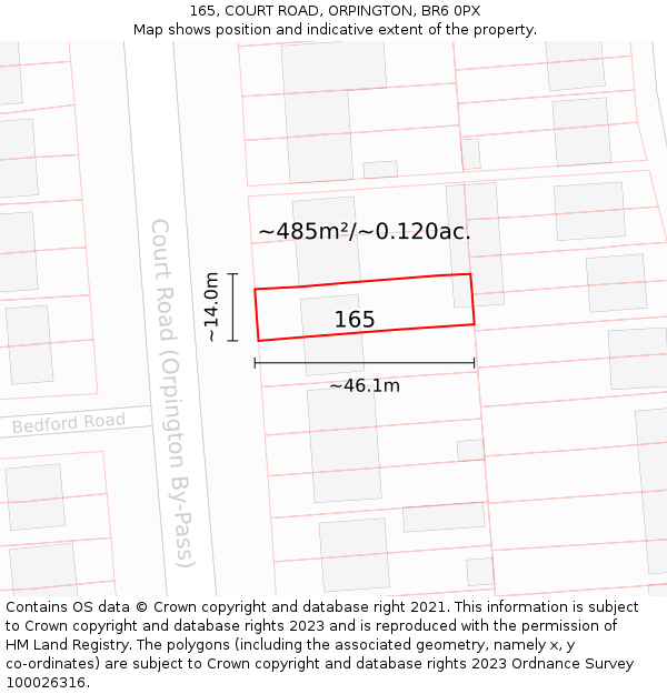 165, COURT ROAD, ORPINGTON, BR6 0PX: Plot and title map