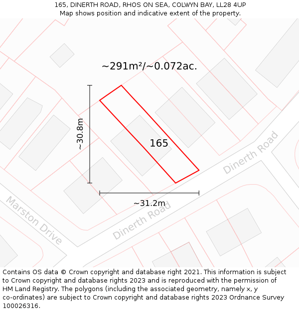 165, DINERTH ROAD, RHOS ON SEA, COLWYN BAY, LL28 4UP: Plot and title map