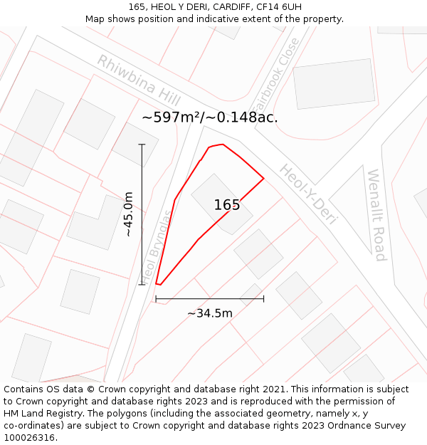165, HEOL Y DERI, CARDIFF, CF14 6UH: Plot and title map