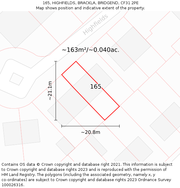 165, HIGHFIELDS, BRACKLA, BRIDGEND, CF31 2PE: Plot and title map