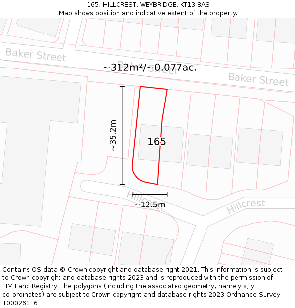 165, HILLCREST, WEYBRIDGE, KT13 8AS: Plot and title map