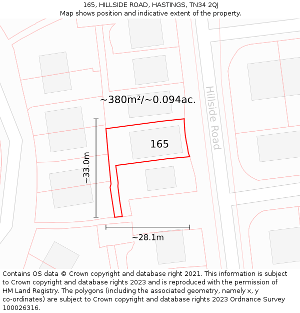 165, HILLSIDE ROAD, HASTINGS, TN34 2QJ: Plot and title map