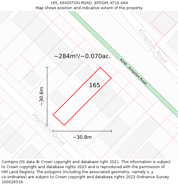 165, KINGSTON ROAD, EPSOM, KT19 0AA: Plot and title map