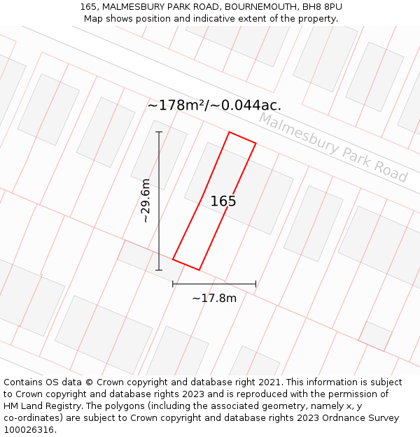 165, MALMESBURY PARK ROAD, BOURNEMOUTH, BH8 8PU: Plot and title map