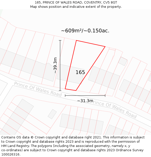 165, PRINCE OF WALES ROAD, COVENTRY, CV5 8GT: Plot and title map