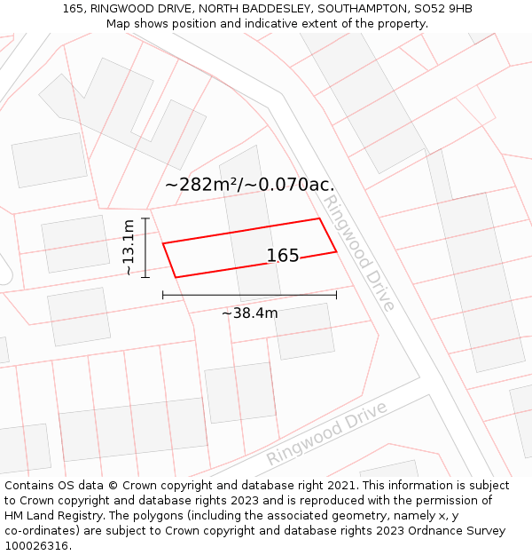 165, RINGWOOD DRIVE, NORTH BADDESLEY, SOUTHAMPTON, SO52 9HB: Plot and title map
