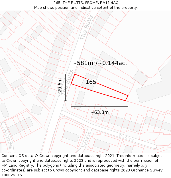 165, THE BUTTS, FROME, BA11 4AQ: Plot and title map