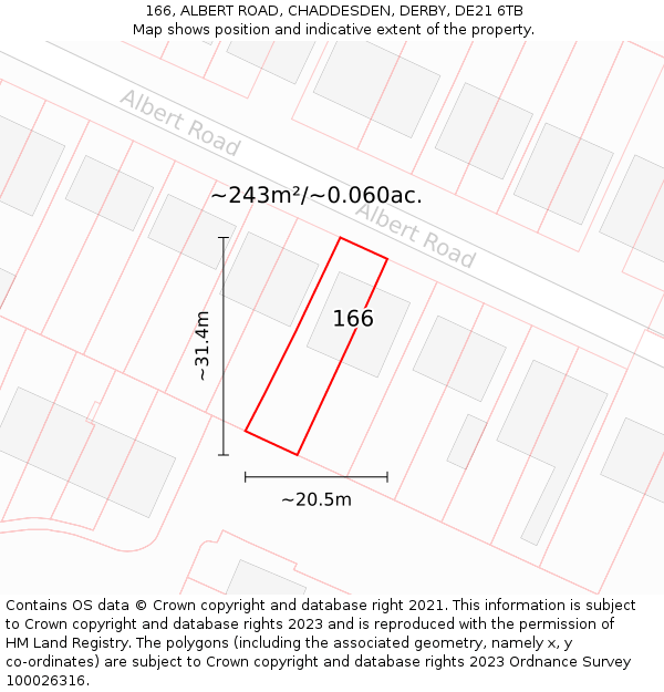 166, ALBERT ROAD, CHADDESDEN, DERBY, DE21 6TB: Plot and title map