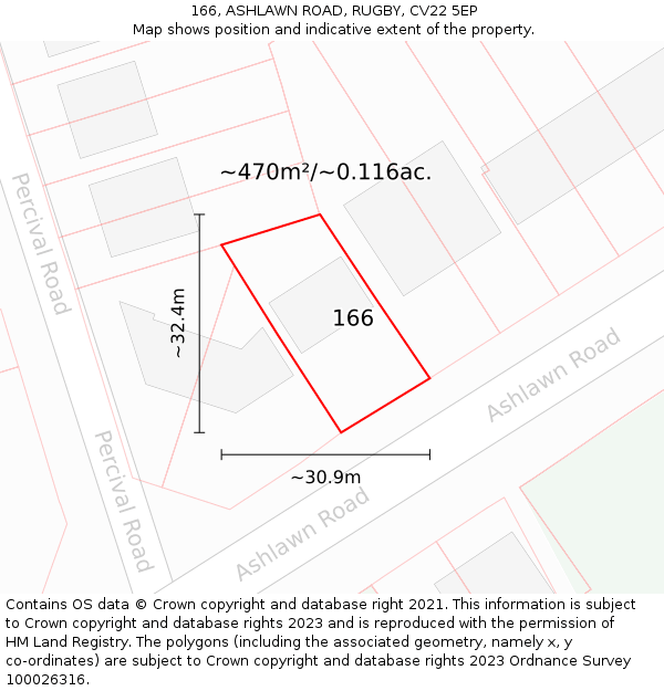 166, ASHLAWN ROAD, RUGBY, CV22 5EP: Plot and title map