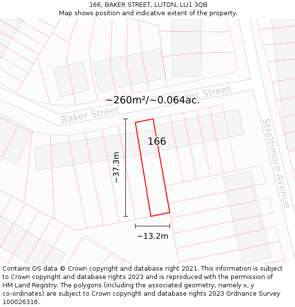 166, BAKER STREET, LUTON, LU1 3QB: Plot and title map
