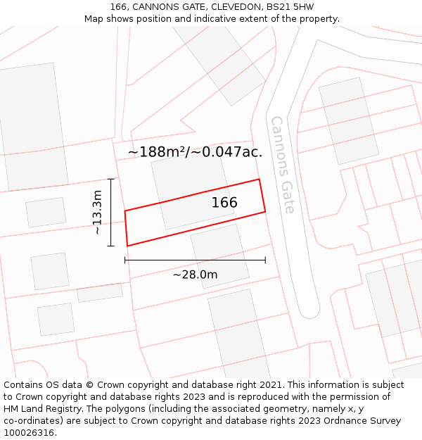 166, CANNONS GATE, CLEVEDON, BS21 5HW: Plot and title map