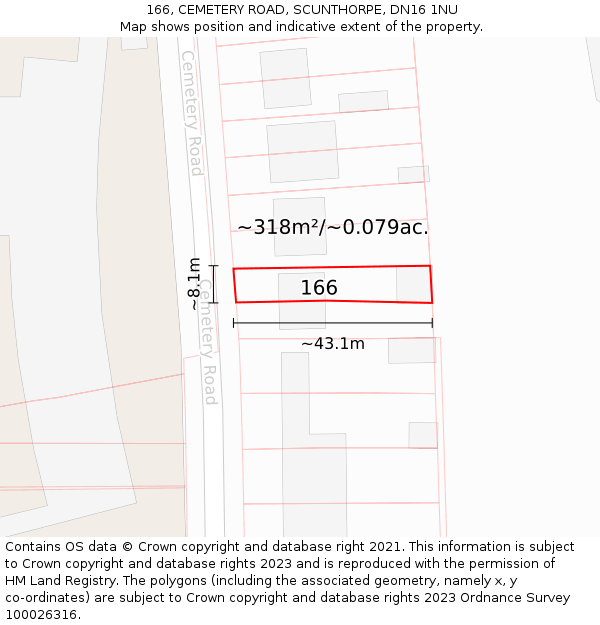 166, CEMETERY ROAD, SCUNTHORPE, DN16 1NU: Plot and title map