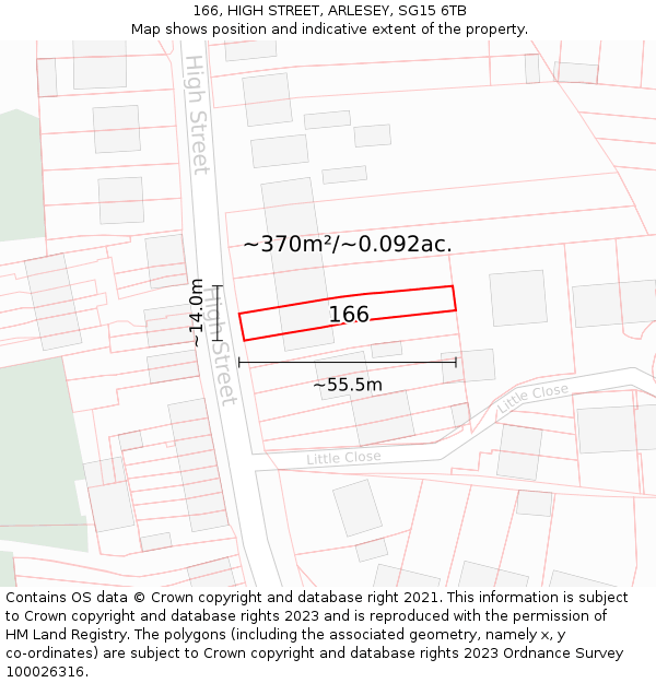 166, HIGH STREET, ARLESEY, SG15 6TB: Plot and title map