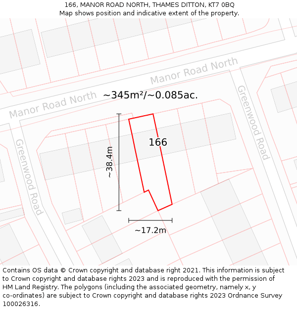 166, MANOR ROAD NORTH, THAMES DITTON, KT7 0BQ: Plot and title map