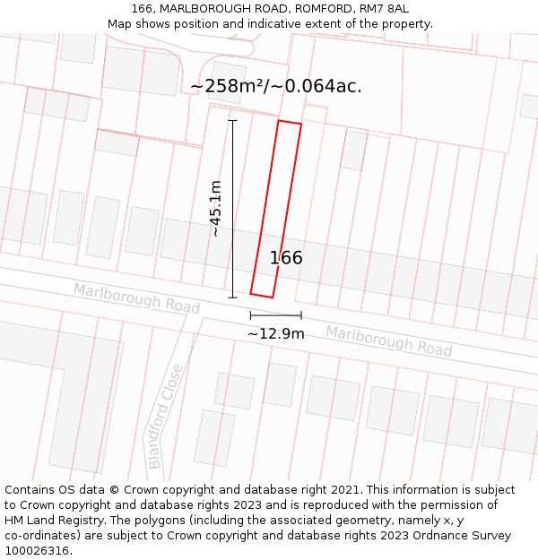 166, MARLBOROUGH ROAD, ROMFORD, RM7 8AL: Plot and title map
