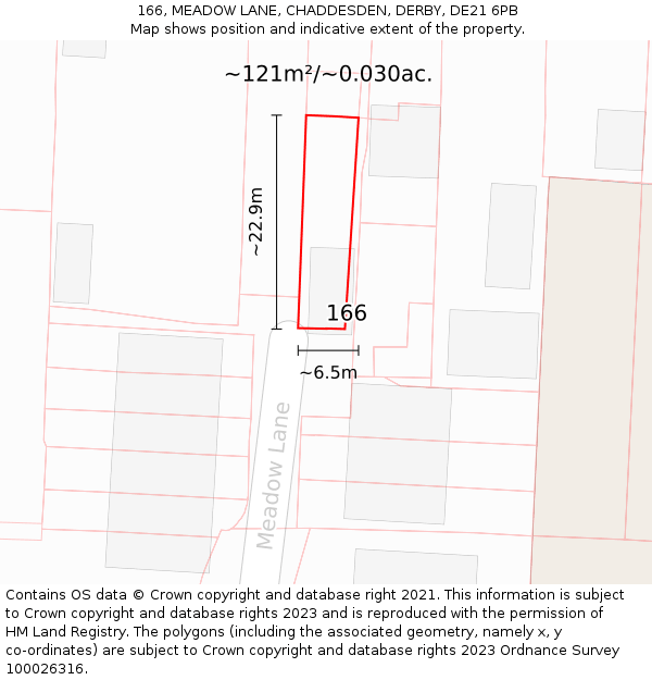166, MEADOW LANE, CHADDESDEN, DERBY, DE21 6PB: Plot and title map