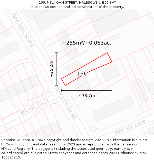 166, NEW JOHN STREET, HALESOWEN, B62 8HT: Plot and title map