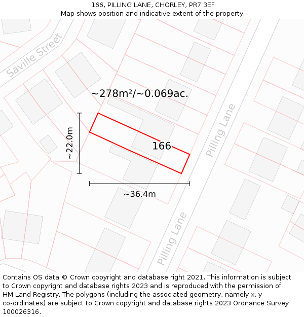 166, PILLING LANE, CHORLEY, PR7 3EF: Plot and title map