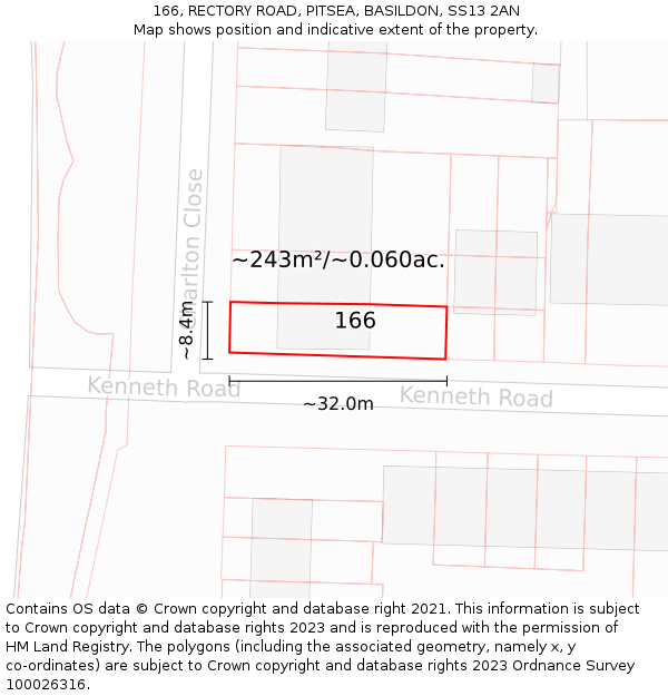 166, RECTORY ROAD, PITSEA, BASILDON, SS13 2AN: Plot and title map