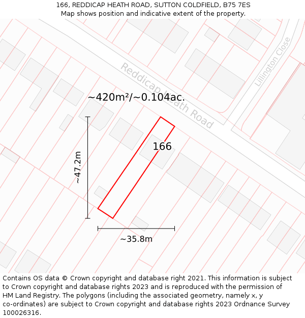 166, REDDICAP HEATH ROAD, SUTTON COLDFIELD, B75 7ES: Plot and title map