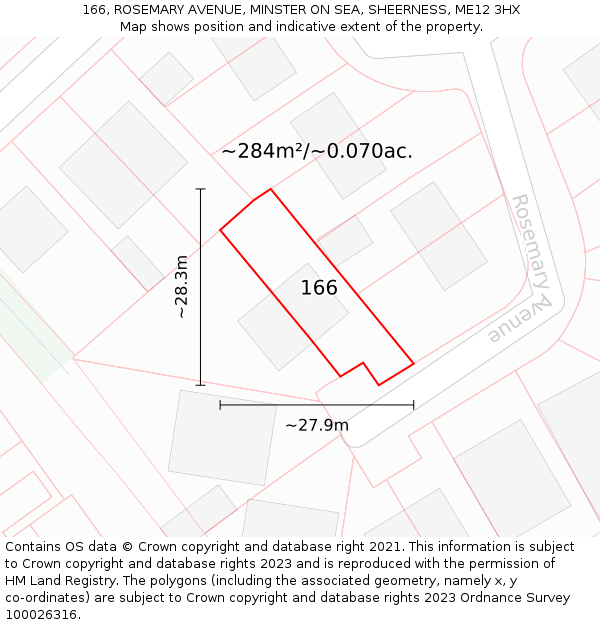 166, ROSEMARY AVENUE, MINSTER ON SEA, SHEERNESS, ME12 3HX: Plot and title map