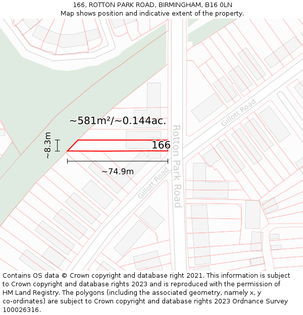 166, ROTTON PARK ROAD, BIRMINGHAM, B16 0LN: Plot and title map
