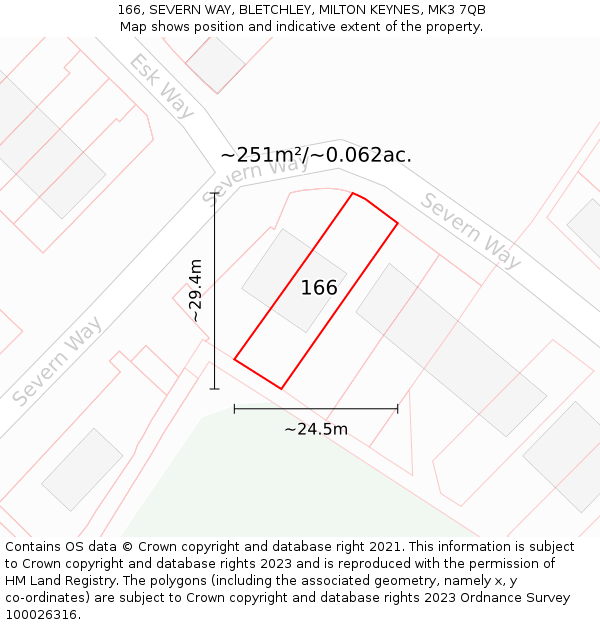 166, SEVERN WAY, BLETCHLEY, MILTON KEYNES, MK3 7QB: Plot and title map