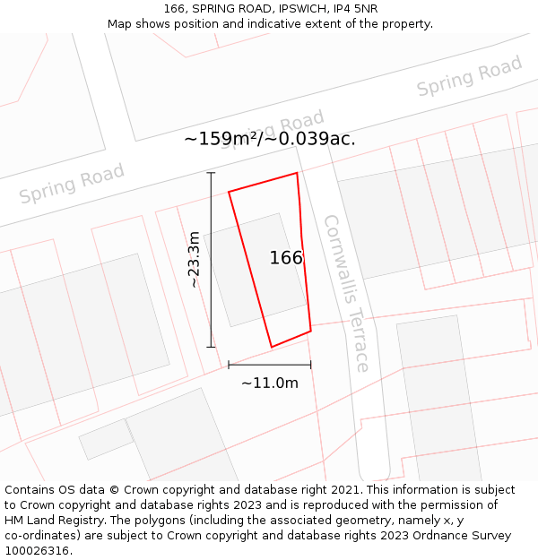 166, SPRING ROAD, IPSWICH, IP4 5NR: Plot and title map