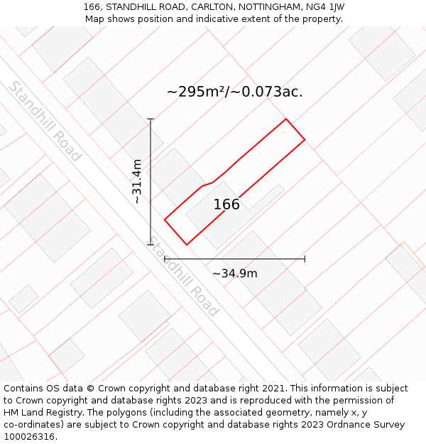 166, STANDHILL ROAD, CARLTON, NOTTINGHAM, NG4 1JW: Plot and title map