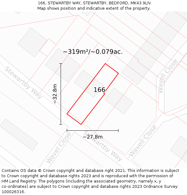 166, STEWARTBY WAY, STEWARTBY, BEDFORD, MK43 9LN: Plot and title map