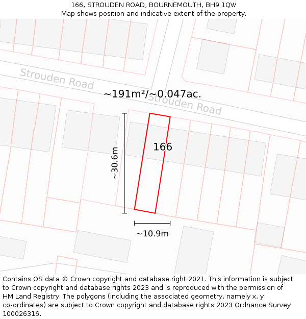166, STROUDEN ROAD, BOURNEMOUTH, BH9 1QW: Plot and title map