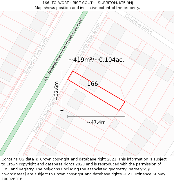 166, TOLWORTH RISE SOUTH, SURBITON, KT5 9NJ: Plot and title map