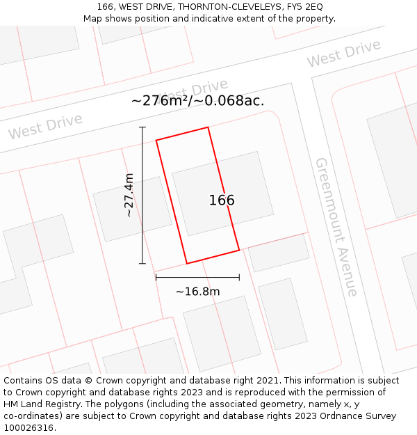 166, WEST DRIVE, THORNTON-CLEVELEYS, FY5 2EQ: Plot and title map