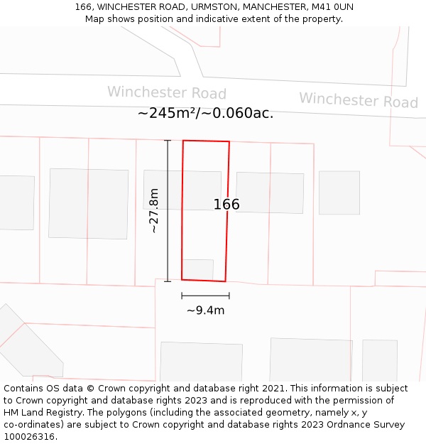 166, WINCHESTER ROAD, URMSTON, MANCHESTER, M41 0UN: Plot and title map