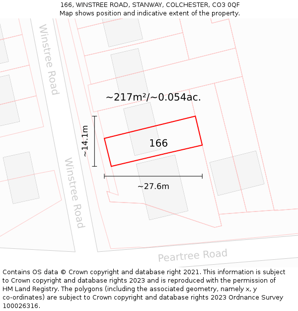 166, WINSTREE ROAD, STANWAY, COLCHESTER, CO3 0QF: Plot and title map