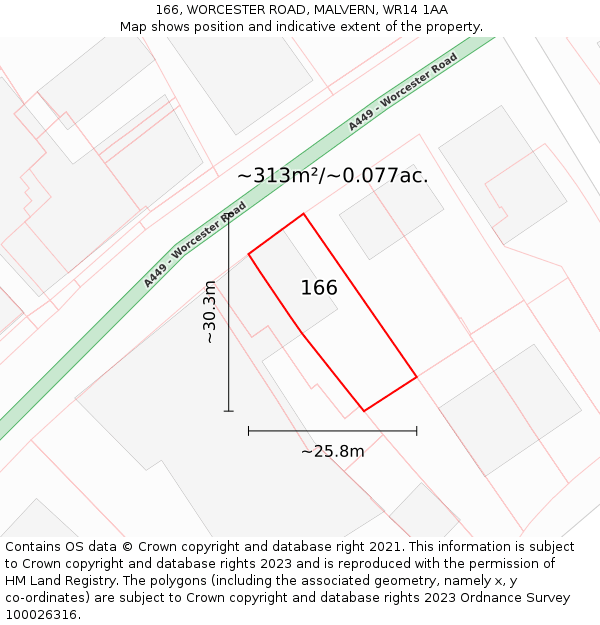 166, WORCESTER ROAD, MALVERN, WR14 1AA: Plot and title map