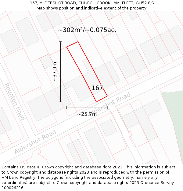 167, ALDERSHOT ROAD, CHURCH CROOKHAM, FLEET, GU52 8JS: Plot and title map