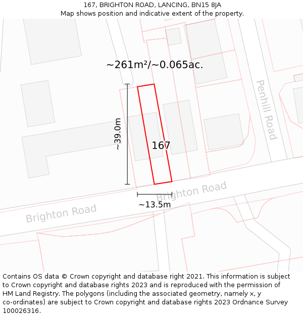 167, BRIGHTON ROAD, LANCING, BN15 8JA: Plot and title map