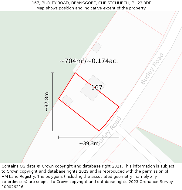 167, BURLEY ROAD, BRANSGORE, CHRISTCHURCH, BH23 8DE: Plot and title map