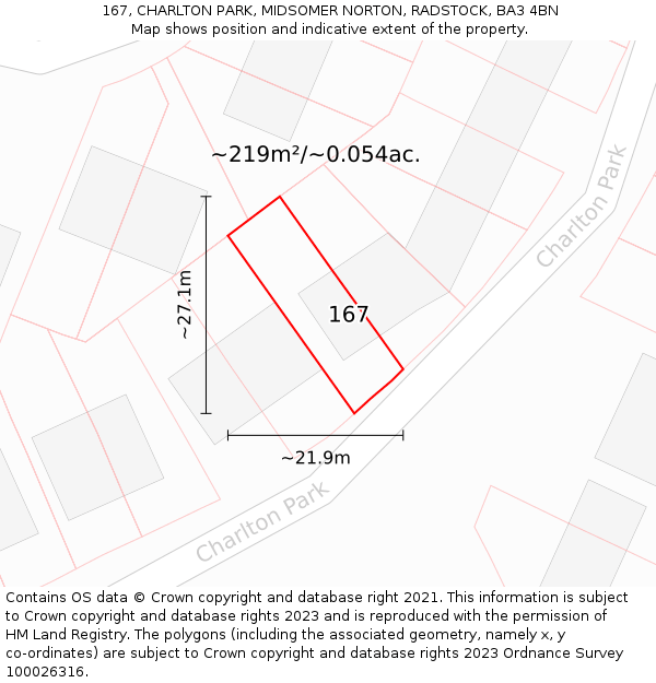 167, CHARLTON PARK, MIDSOMER NORTON, RADSTOCK, BA3 4BN: Plot and title map