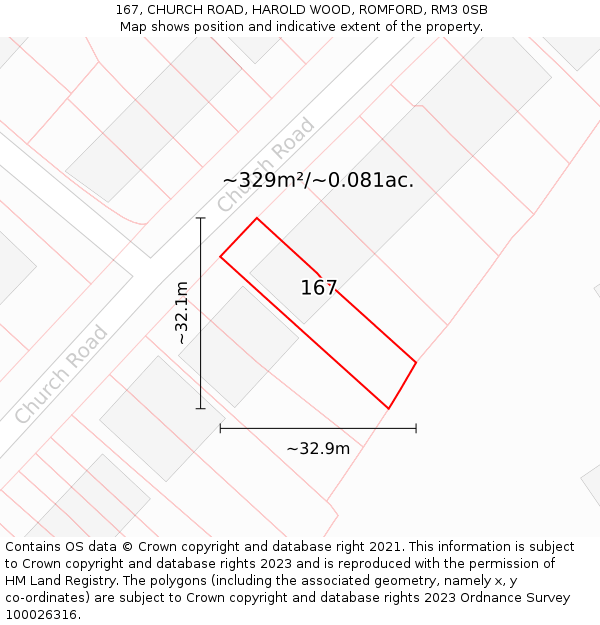 167, CHURCH ROAD, HAROLD WOOD, ROMFORD, RM3 0SB: Plot and title map