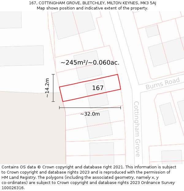 167, COTTINGHAM GROVE, BLETCHLEY, MILTON KEYNES, MK3 5AJ: Plot and title map
