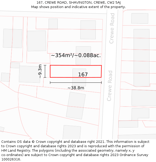 167, CREWE ROAD, SHAVINGTON, CREWE, CW2 5AJ: Plot and title map