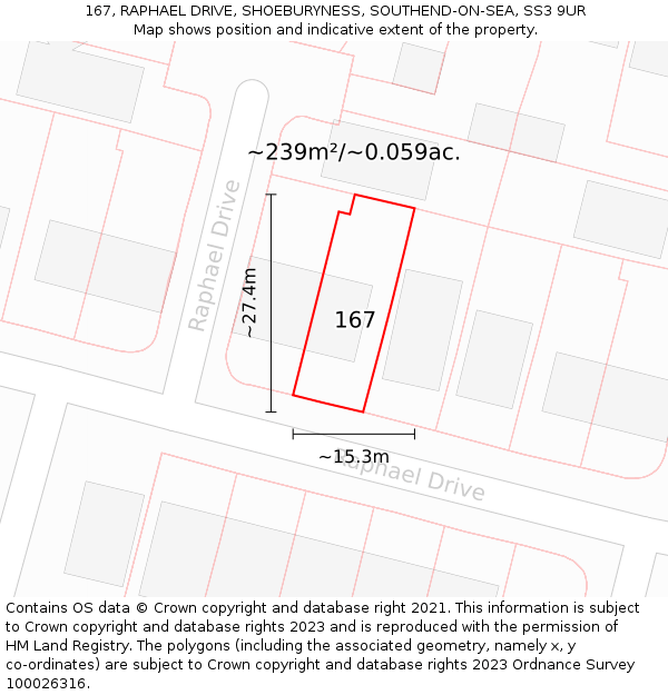 167, RAPHAEL DRIVE, SHOEBURYNESS, SOUTHEND-ON-SEA, SS3 9UR: Plot and title map