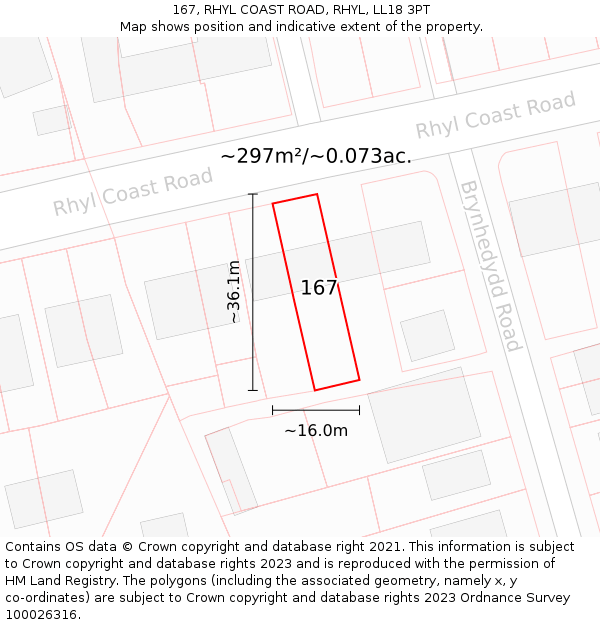 167, RHYL COAST ROAD, RHYL, LL18 3PT: Plot and title map