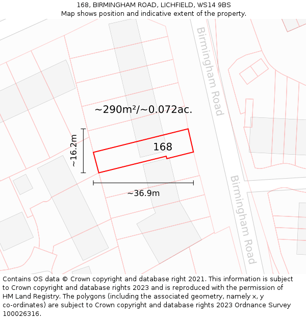 168, BIRMINGHAM ROAD, LICHFIELD, WS14 9BS: Plot and title map
