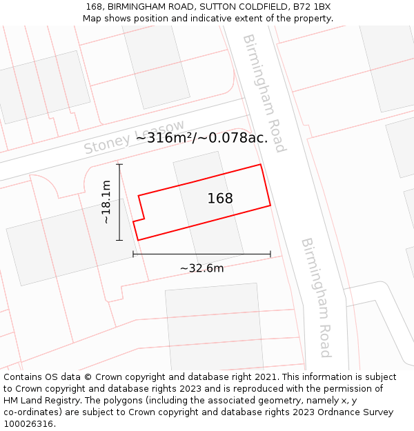 168, BIRMINGHAM ROAD, SUTTON COLDFIELD, B72 1BX: Plot and title map