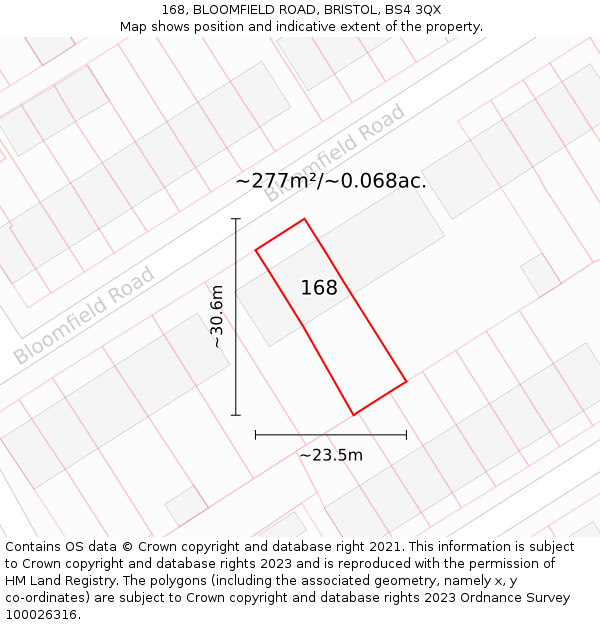168, BLOOMFIELD ROAD, BRISTOL, BS4 3QX: Plot and title map