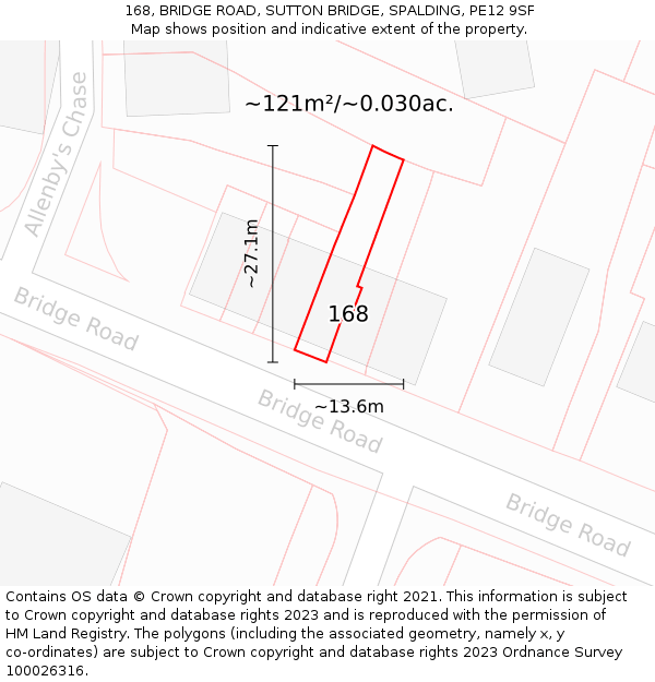 168, BRIDGE ROAD, SUTTON BRIDGE, SPALDING, PE12 9SF: Plot and title map